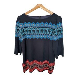 St. John Moroccan Knit Sweater Size Large Black Blue Gold Metallic Wool Blend